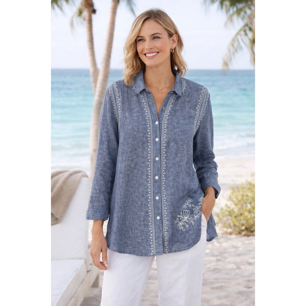 John Mark Embroidered Linen Long Sleeve Roll-Tap Shirt Blue Chambray Medium NWT